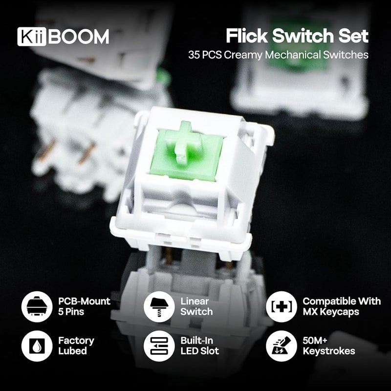 KiiBoom Flick Linear Mechanical Switch Set, 43gf, Pre-Lubed, 5-Pin Creamy Switches, 35 Pieces for Mechanical Gaming Keyboard, with LY Stem, PC+Nylon Housing, Compatible with MX Keycaps - Image 2